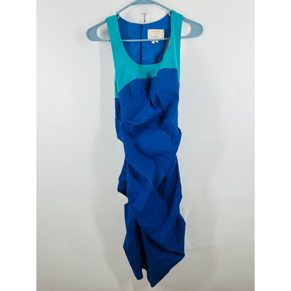 Artelier‎ Nicole Miller Colorblock Ruched Linen Blend Sheath Dress Blue Teal 4